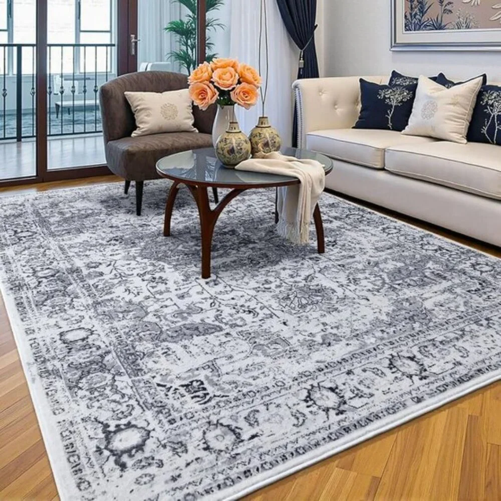 4x6 Grey Washable Area Rug, Soft Vintage Floral Low Pile Carpet for Room Decor